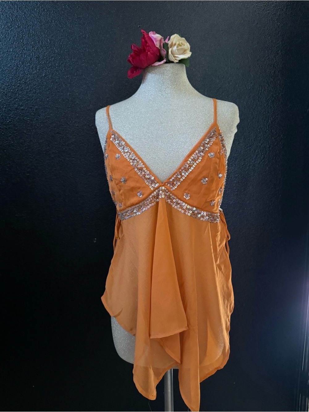 Embellished Orange Spaghetti-Strap Women's Top